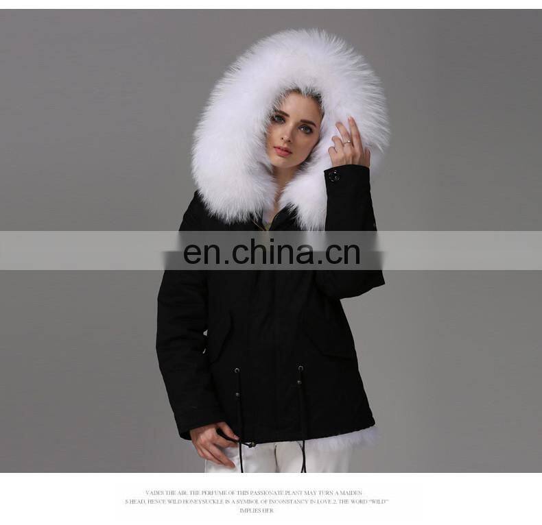 Fashion Women Black Jacket With Raccoon Collar And White Fox Fur Coat