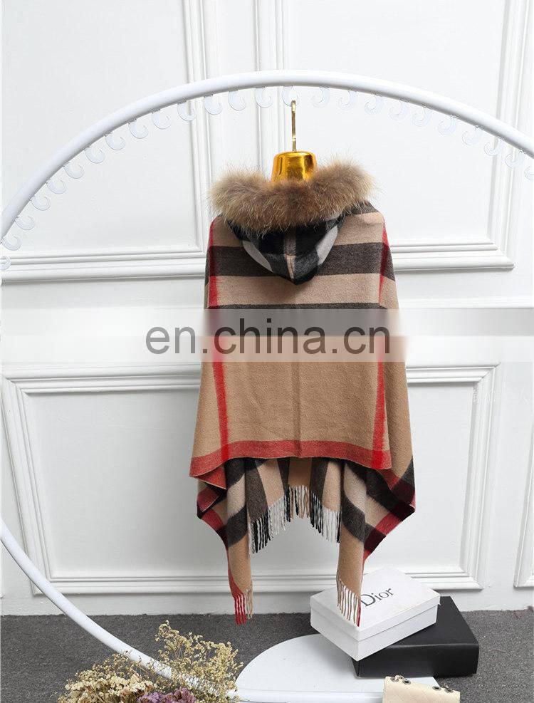 Fashion Women Real Raccoon Fur Hood Shawl Wool Cashmere Scarves Shawls