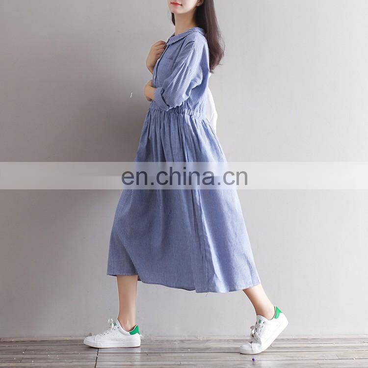OEM Wholesale Maxi Dresses Plus Size Long Sleeve Linen Striped Dresses