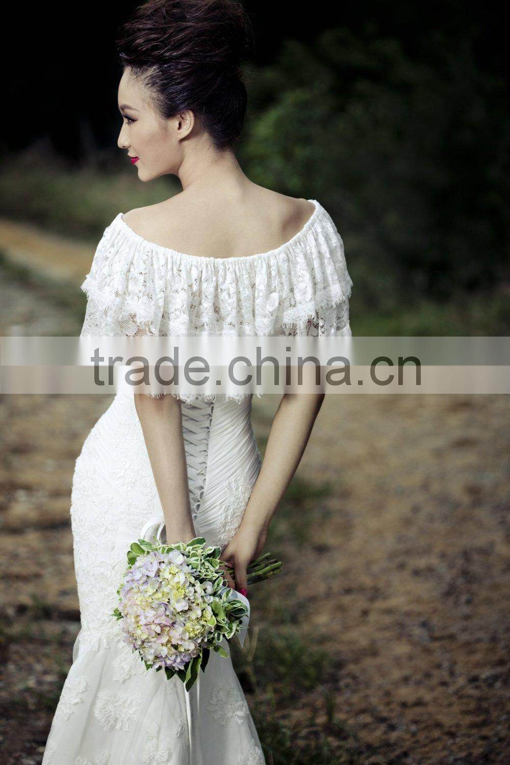 2014 New Arrival Mermaid Cross Criss cap Sleeve Wedding Dress with applique