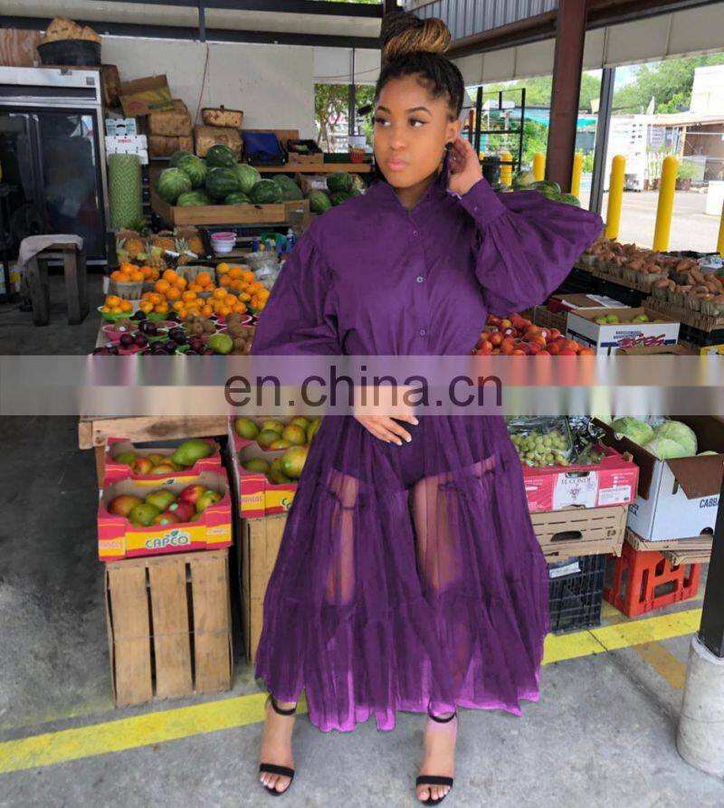 (Belt not included) Customized new women's fashion big size nightclub mesh translucent stitching long sleeve dress