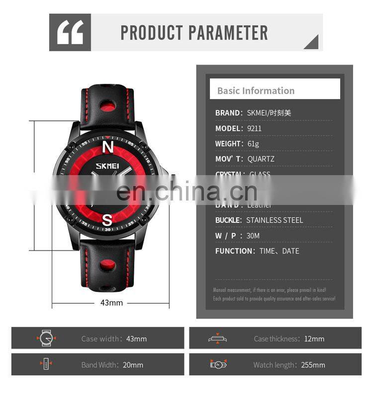 China watch wholesale Skmei 9211 genuine leather watch for men wrist watches luxury brand waterproof 3 ATM