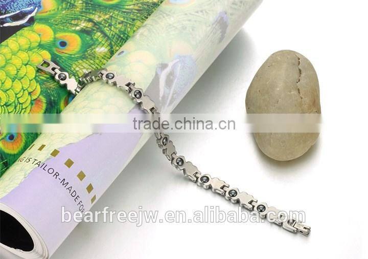 Cubic Zirconia Heart Shape Link Chain Bracelet, Stainless Steel Bio Magnetic Health Energy Bracelet