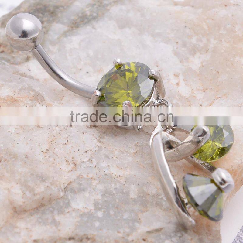 Big Zircon Inlay Dual Hearts lining Dangle Belly Button Naval Ring.