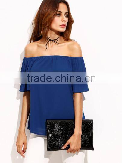 Blouses latest fashion design women clothing Royal Blue Pleated Sleeve Off The Shoulder Blouse