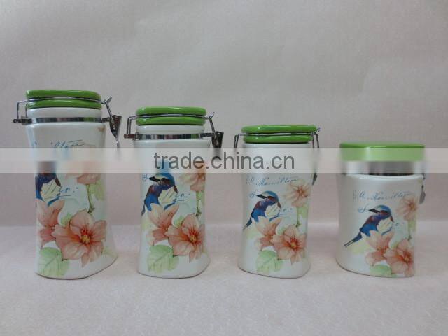 Manufacturer Type Flower Decal Ceramic Canister with Metal Sealing Lid