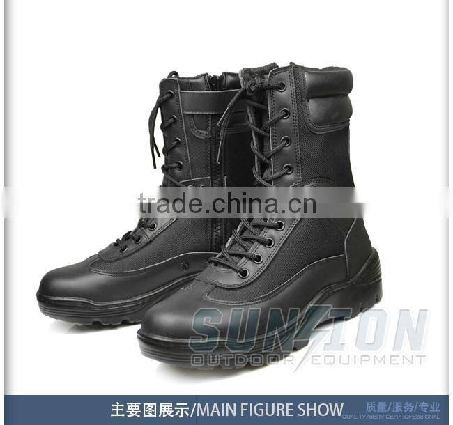 Full black cowhide full grain leather Tactical Boots with Zipper