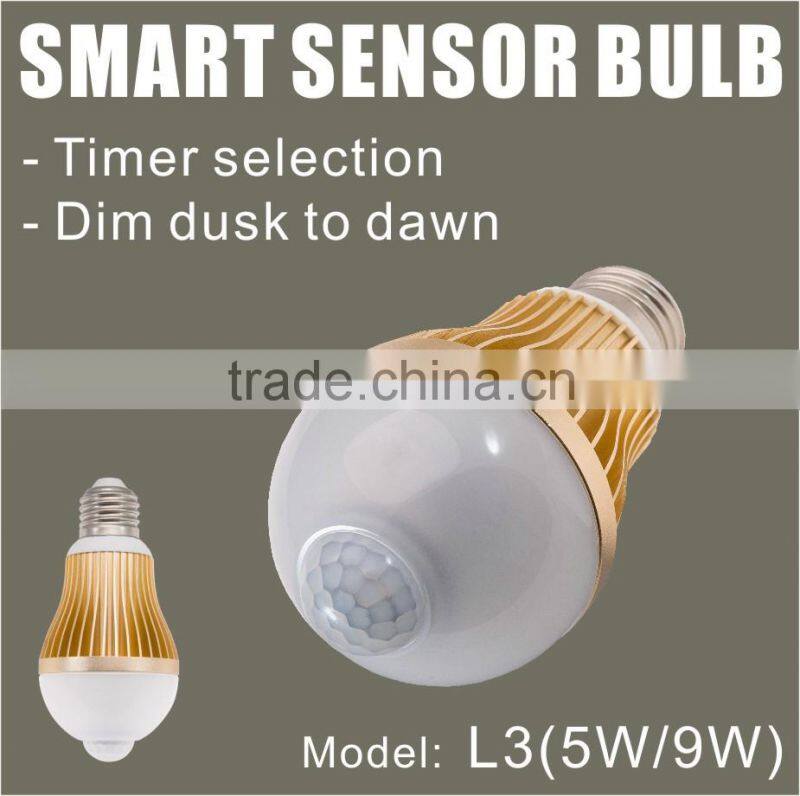 Hot top quality high efficient e27 day night light led motion sensor light led bulb with sensor