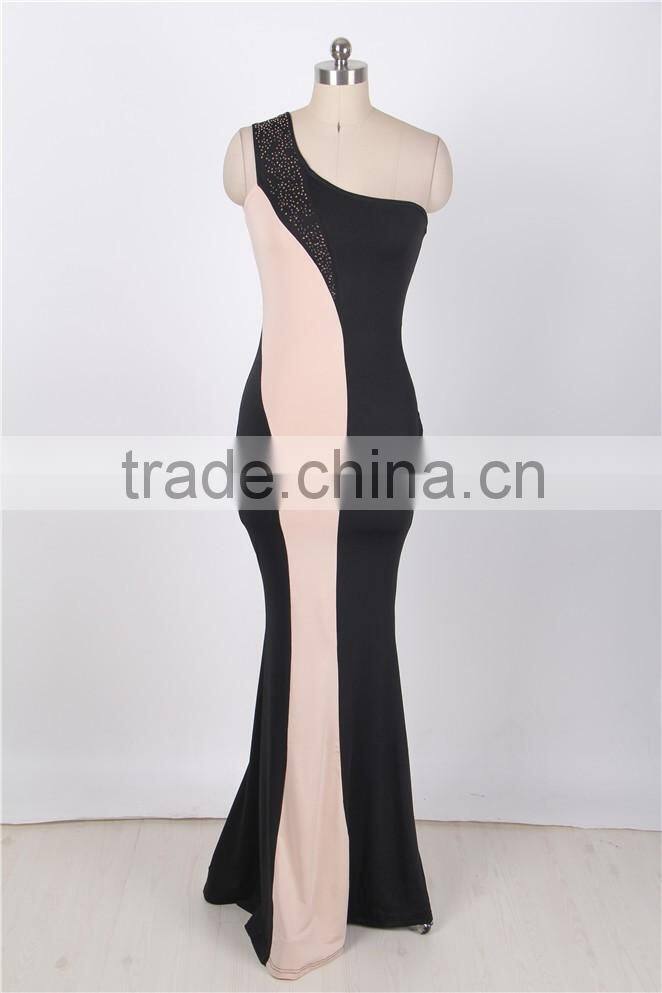 Hot wholesale 2016 newest arrival two colors combination full length evening dress one sleeve