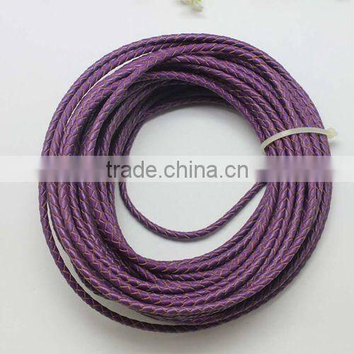 purple color real leather cord 3.0mm braided cord for bracelet