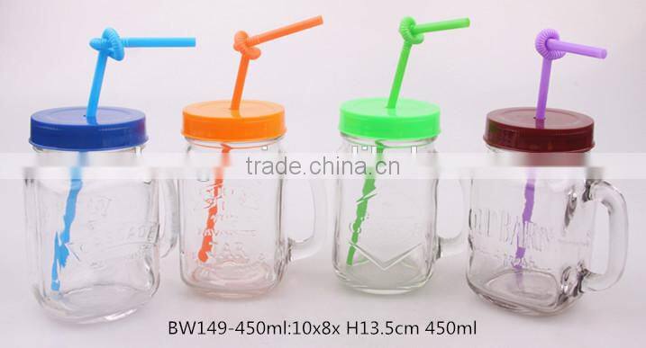 2014 new design mason jar glass jam jar with handle