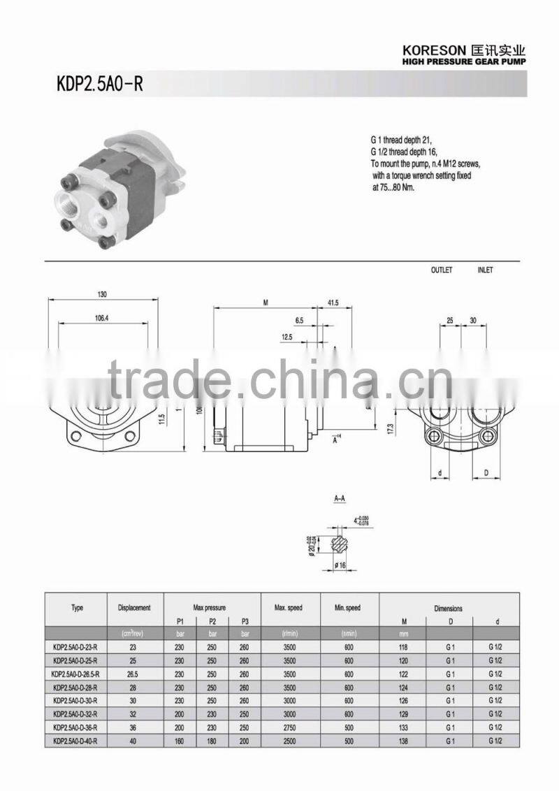 Single hydraulic oil pump KDP2.5A0-R for used forklift