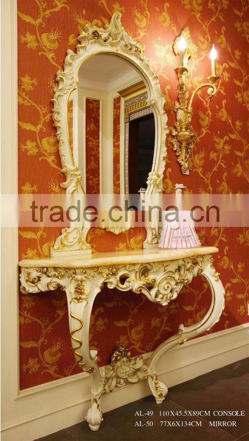 French White Louis Style Console Table with Mirror, Antique Classical Gilded Hallway Console Table/ Ellegant White Side Table