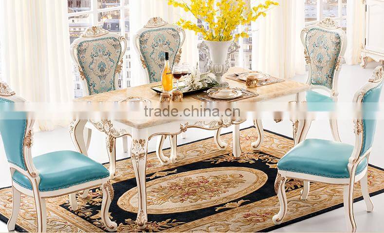 New classic golden flower carving marble top dining table set