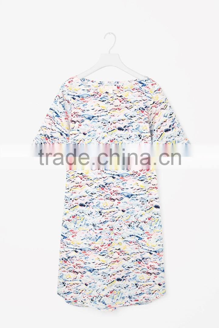 wholesale flared A-line soft women cotton poplin pleat-back printed dress pattern