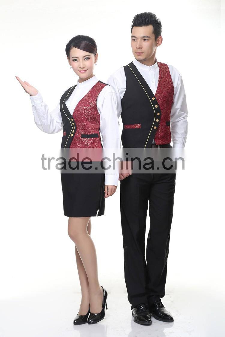 Juqian custom 5 start summer restaurant manager hotel waiter receptionist uniform designs with embroidery vest