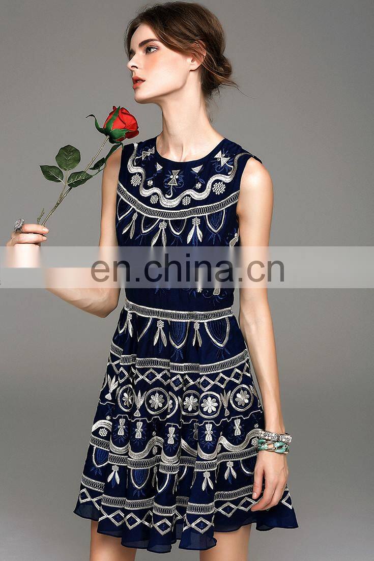 Ladies fashion summer dress 2016 sleeveless round neck embroidery dress designs