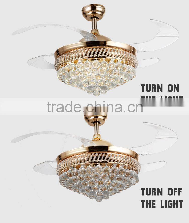 Golden 4 Blades Crystal Remote Ceiling Fans With LED Light