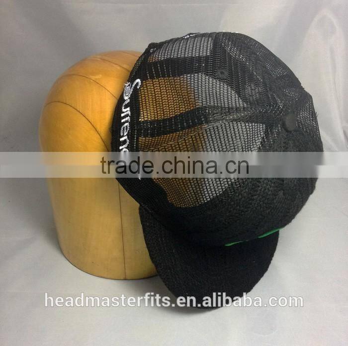 Custom embroidery black knitted crochet printed flat underbrim mesh trucker snapback cap