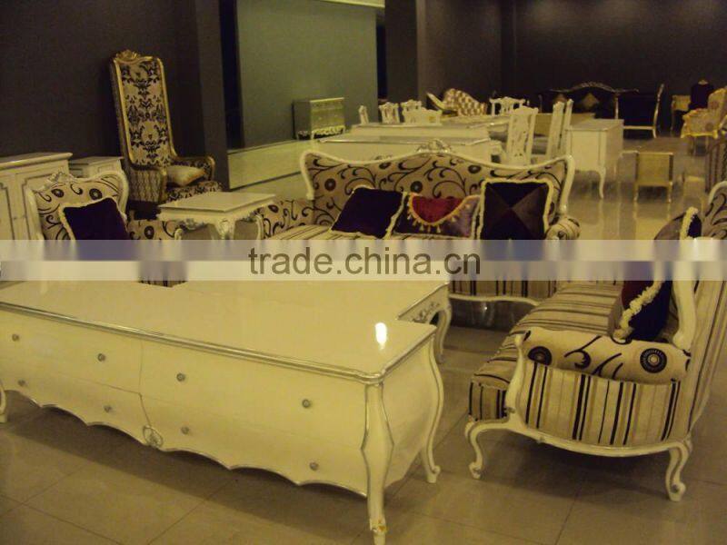 Elegant white wooden frame floral stripe fabric sofa set A10199