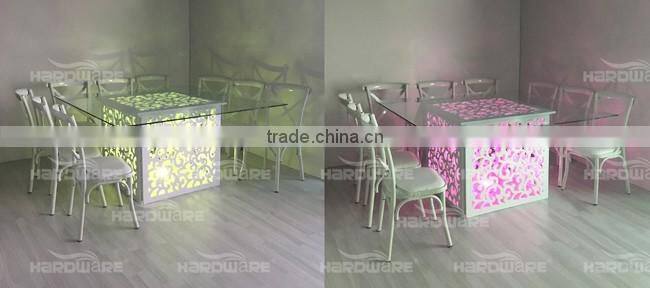 white wedding led table , square dining white table , glass top white table