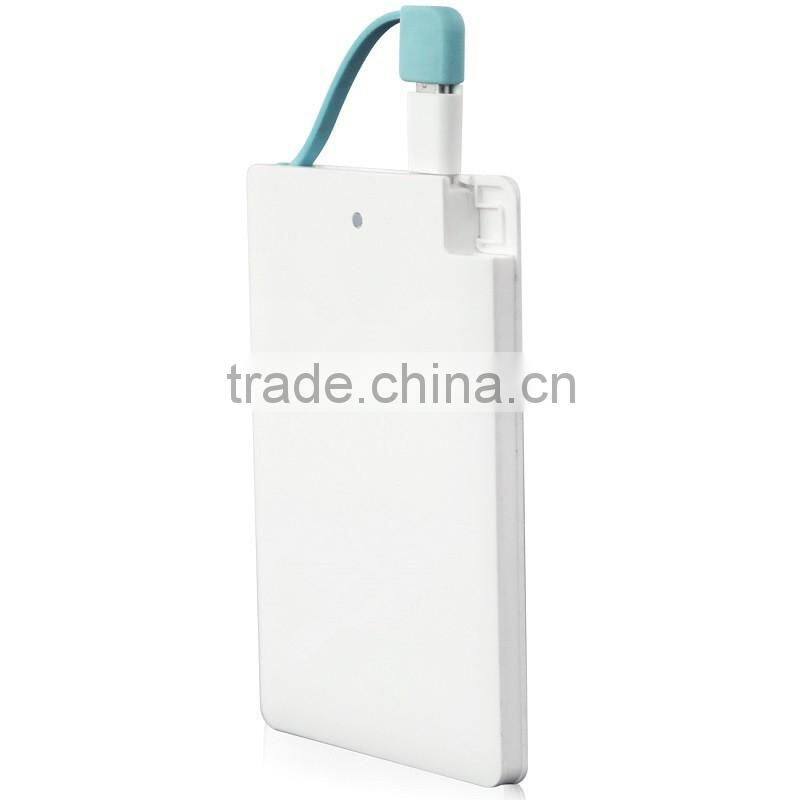 Easy carry promotional gift ultra thin 2500mAh credit card power bank with built in micro usb cable and i phone adapator