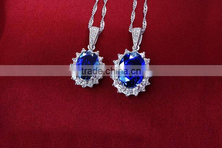 European style jewelry blue gemstone pendant 925 silver floating necklace for wedding
