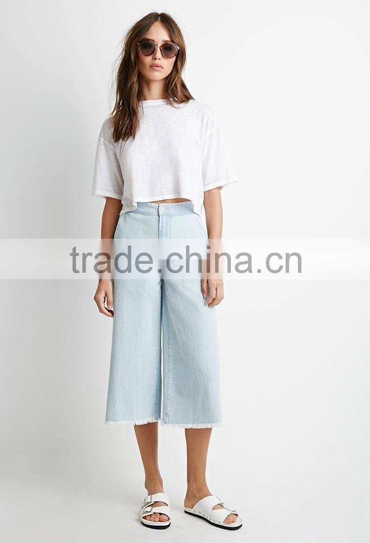 Quiet Color Midi Pants Frayed Denim Gauchos For 2016 Summer Women