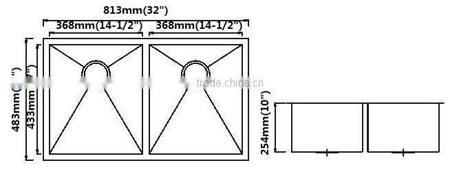 Zero Radius Handmade Stainless Steel Sink 32" x 19" x 10" Double Bowls (cUPC Approved,very competitive price!)