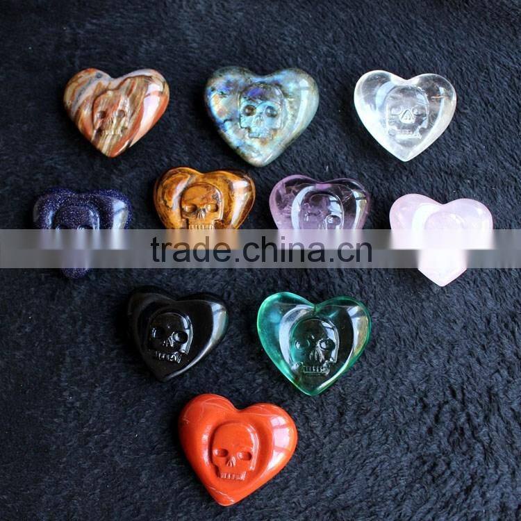 Natural Green Adventurine Crystal Heart With Engraved Skull For Gift