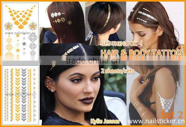 Wholesale gold silver color metallic tattoo temporary gold hair and body tattoo sticker factory