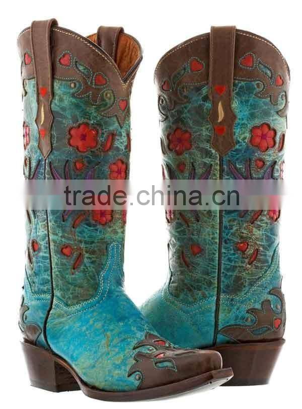 Womens Brown Turquoise Robin Flower Print Western Leather Rodeo Cowgirl Boots