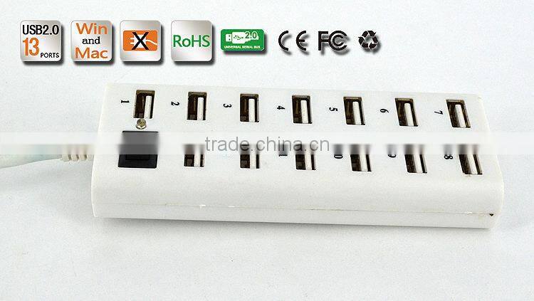 Hot sell High- performance Portable 480MBPS usb2.0 13 port hub with one switch+large capacity