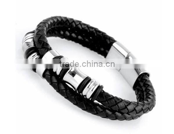 OEM manufacturer men's stainless steel black magnetic wrap leather bracelet