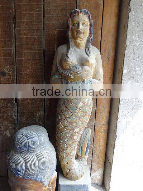 hot sell made wooden carving double mermaid,Antique wooden statues,Religious sculptures