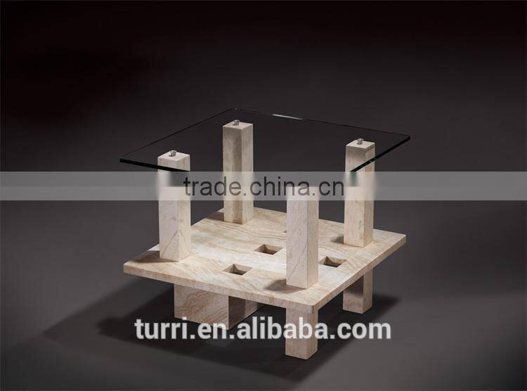 Bent glass to marble travertine base end table with wheels