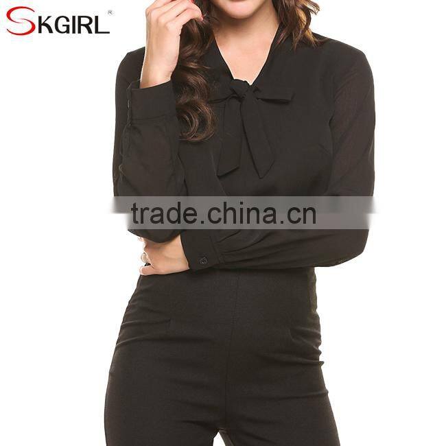 Casual loose fit tie-bow neck long cuffed sleeve office wear tops latest formal skirt chiffon blouse patterns for ladies