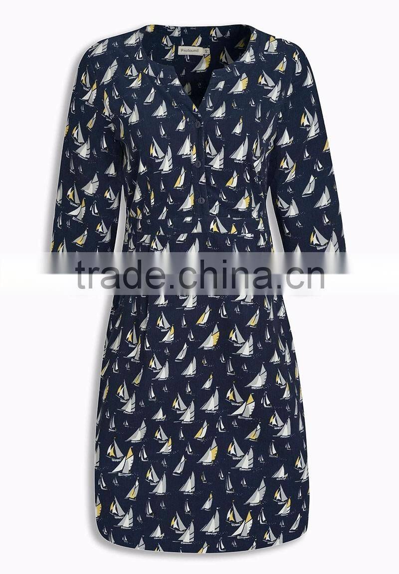 mock neck design new fashion ladies dress 3 4 sleeve one pieces custom full print dersses for women