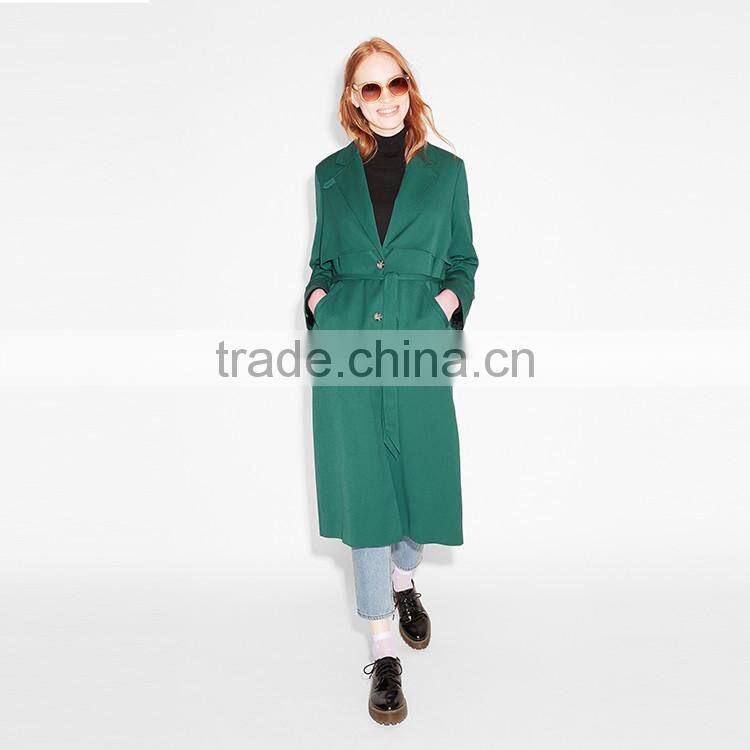 HAODUOYI Women Lightweight Solid Green Elegant Slim Outwears Single Breasted Tie Waist Trench Coat