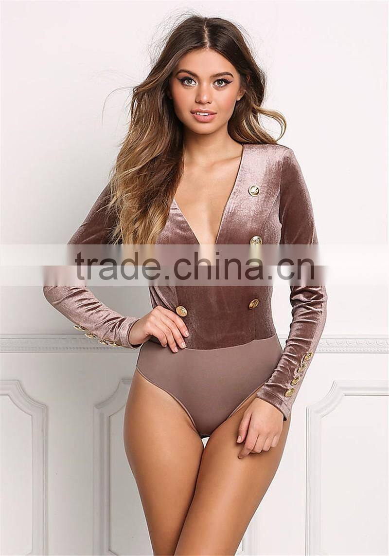 MGOO Fashion Custom Made Long Sleeves Bodysuits Velvet Breasted Tops V Neck Cocoa Polyester Spandex Blouses