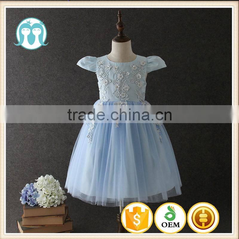 High quality OEM Princess Blue Short sleeves Embroidery Flower girls party dresses Lovely Fluffy Tulle baby Communion dresses