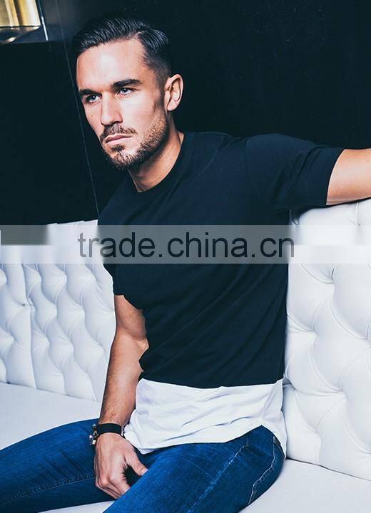 Fashion Design Two Tone Paneled T Shirt Mens Short Sleeve Longline Curved Hem T Shirt Slim Fit Cotton Elastane Gym T-Shirt