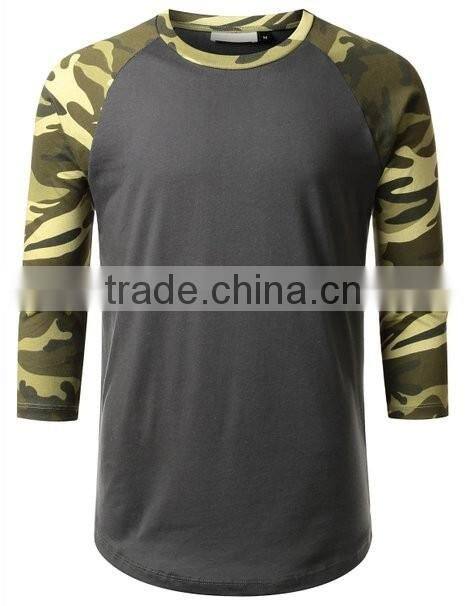 Classic Crewneck 3/4 Sleeve Raglan Shirt Men's Casual Baseball T Shirt with Camo Sleeves Jersey Shirt Wholesale