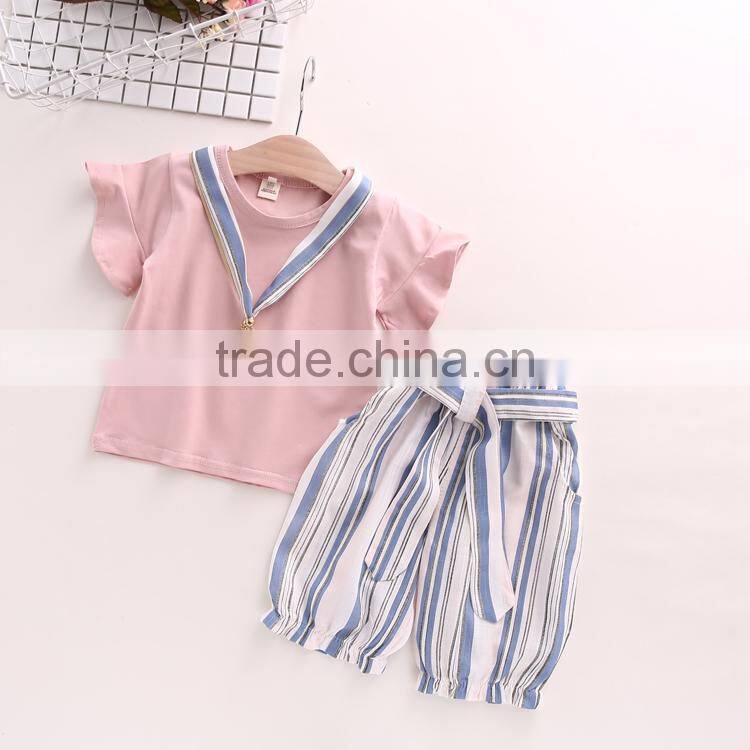 Summer Child clothes set girls clothing flying sleeves round neck t shirt baby striped wide leg pants two piece