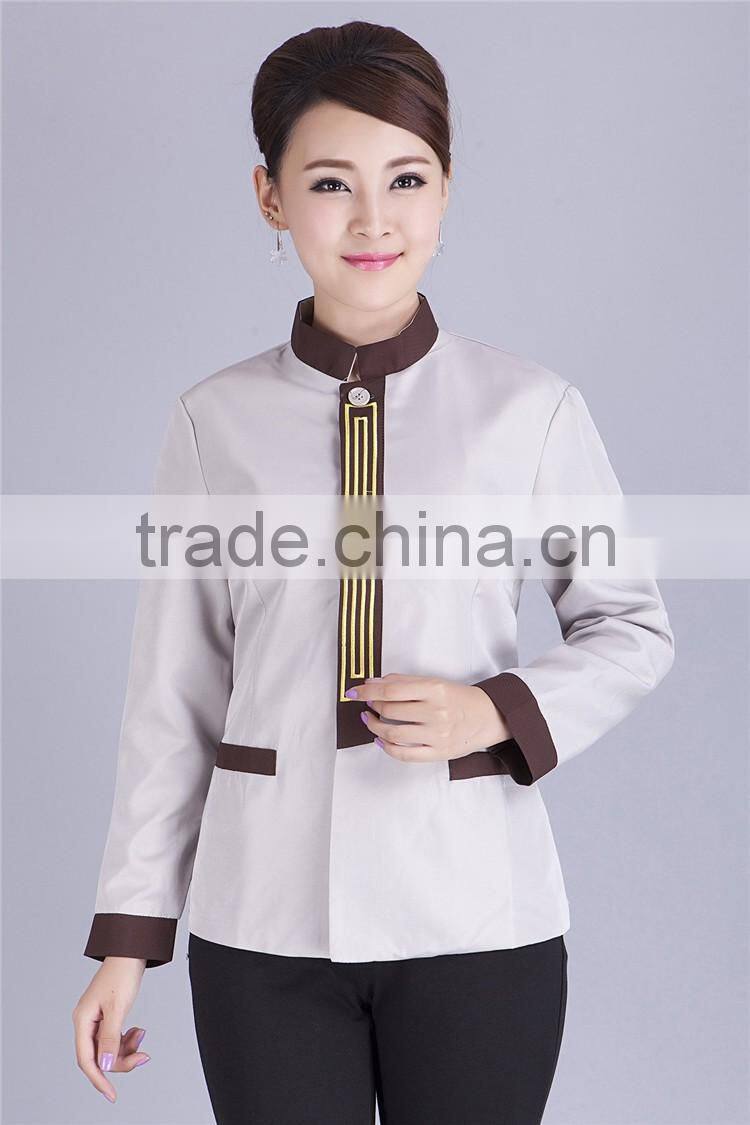 Juqian Wholesale cheap beige fashional design korean collar anti-foul hotel cleaner workwear work uniform
