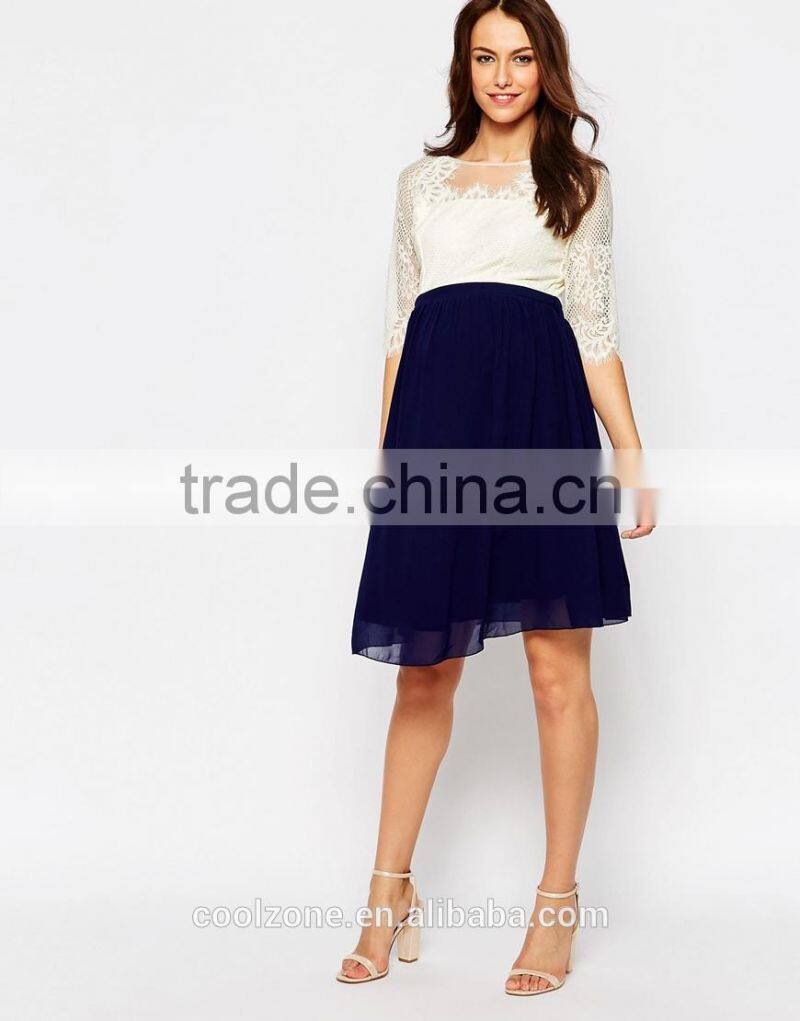 100% Polyester crew neck lined lace bodice maternity dress for women