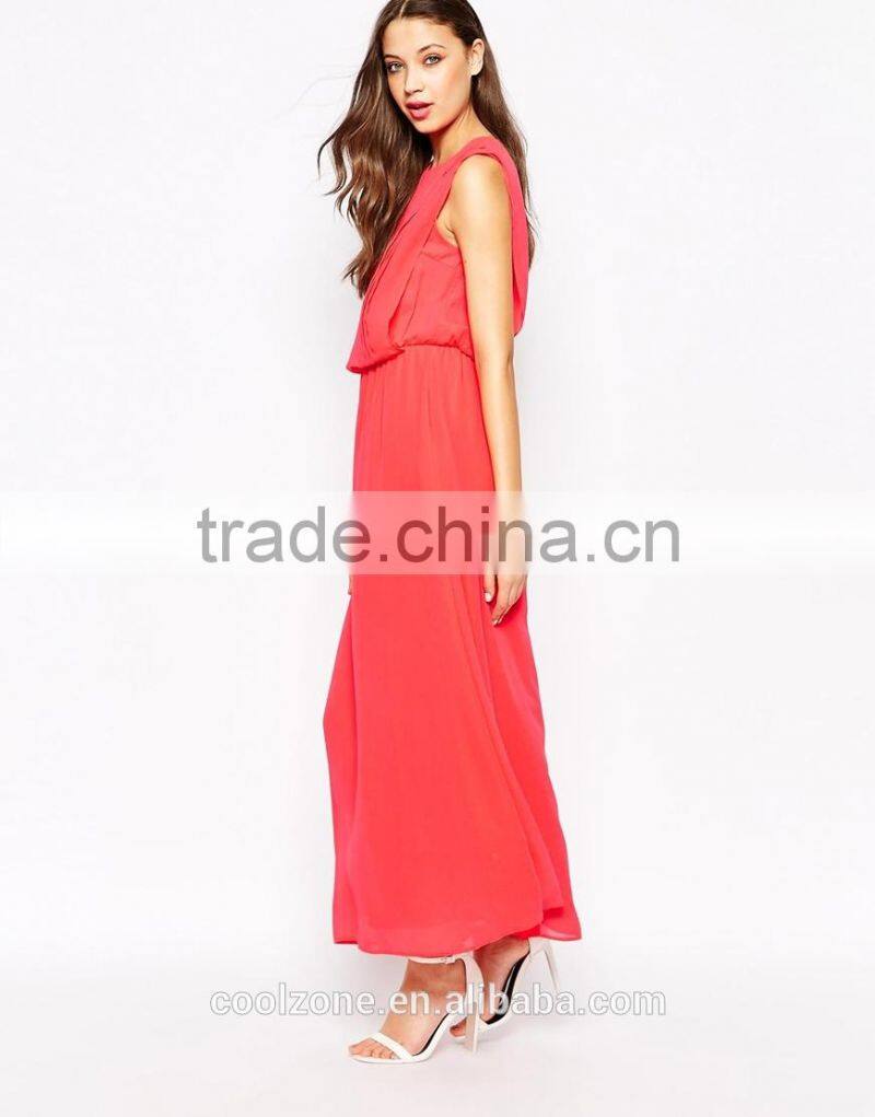 100% Polyester pleated details maxi dress lady chiffon maxi dresses
