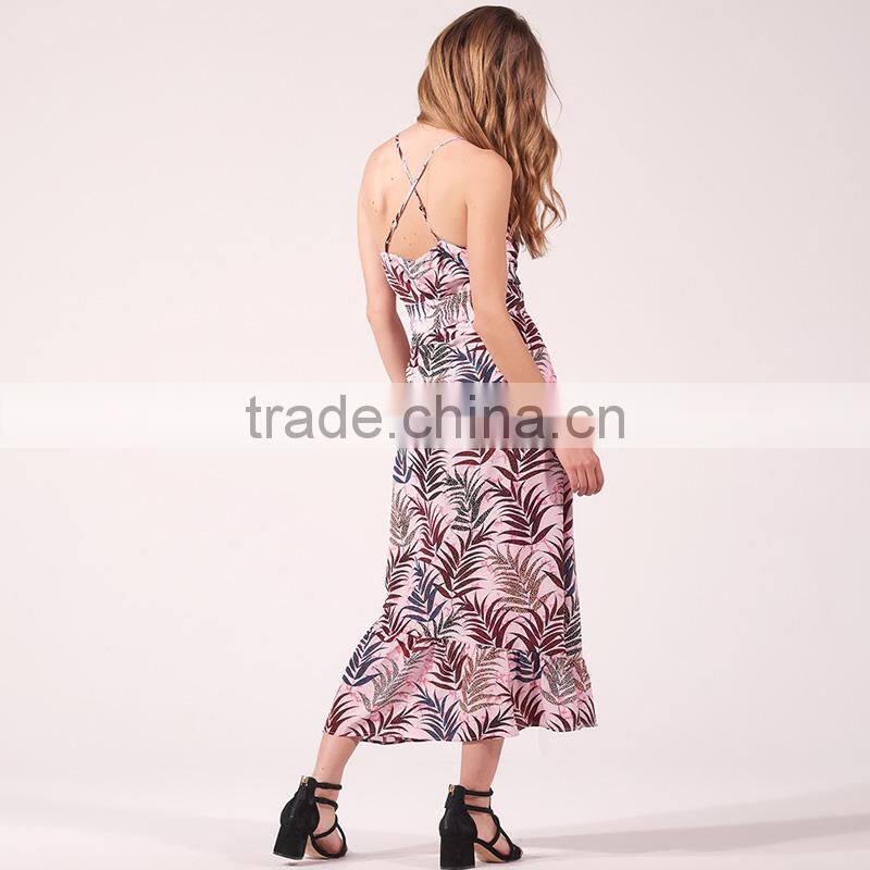 V-neck thin straps jungle printed ruffled hem wraparound maxi dress