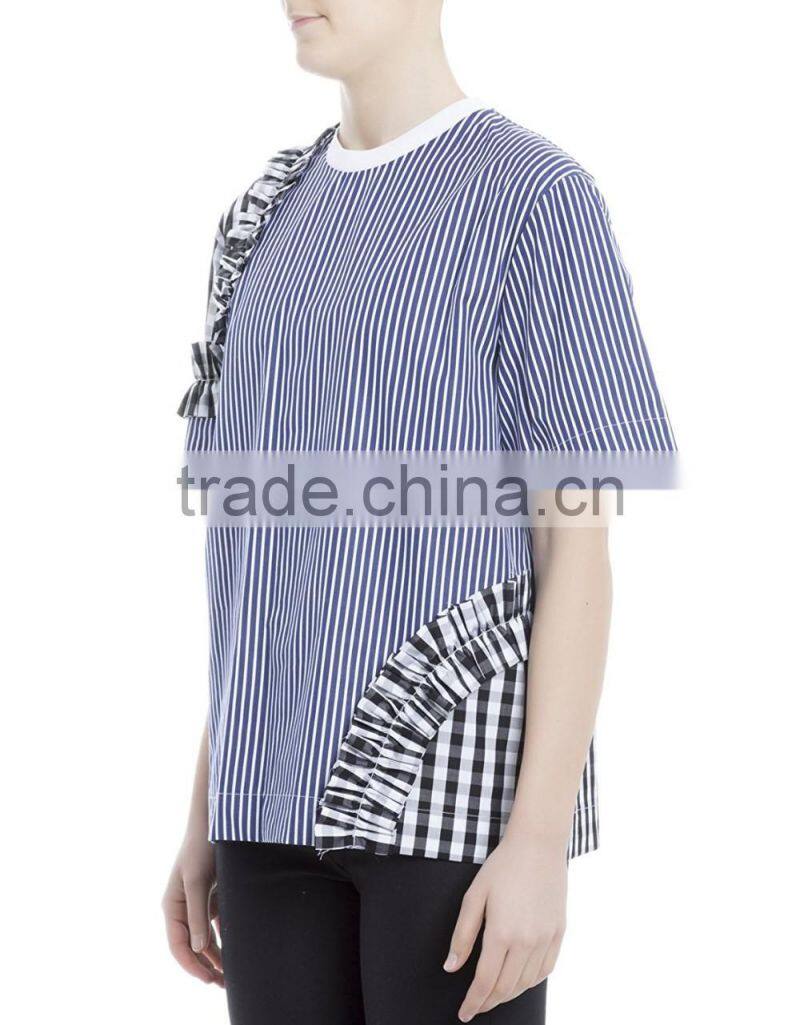 Women's 100% cotton blue striped loose fit t shirt with zipper back