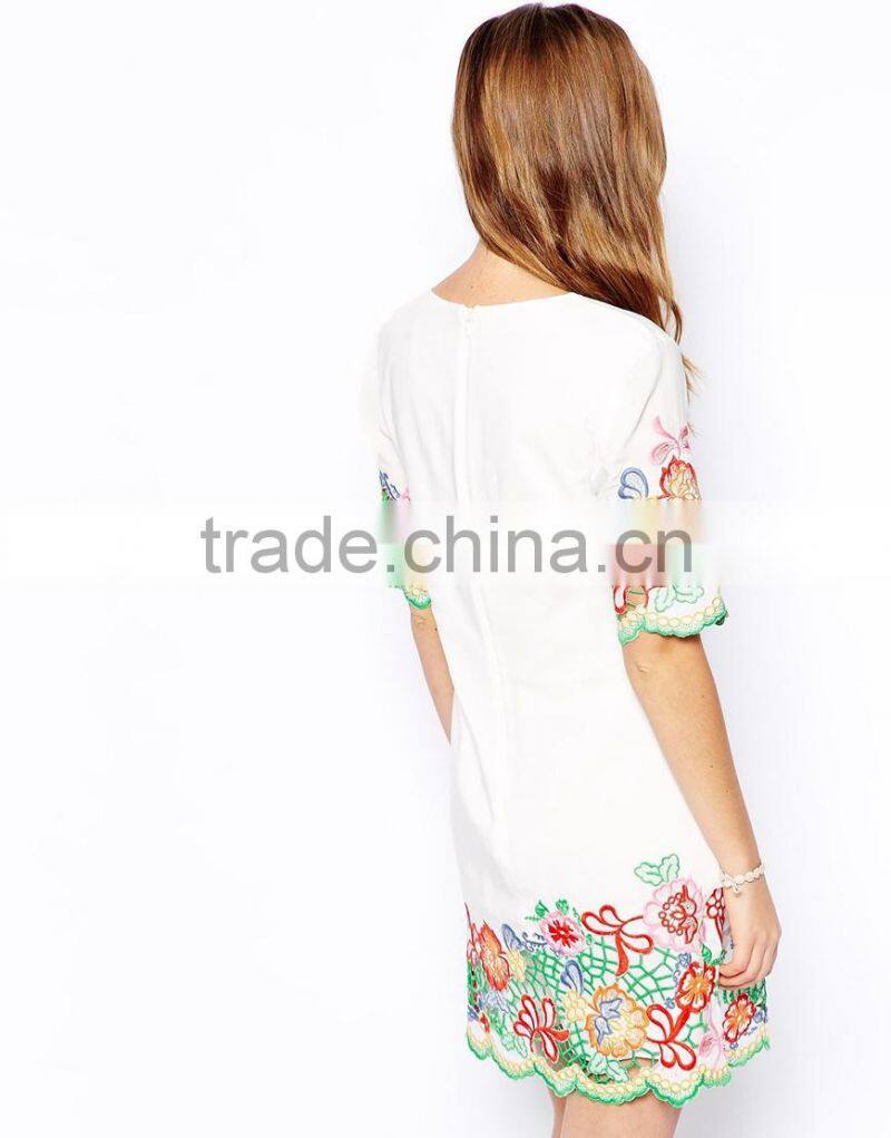 ladies short sleeve hollow out crochet dress wholesale tunic embroidered yarn dress DH0712